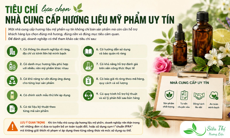 Tiêu chí lựa chọn nhà cung cấp hương liệu mỹ phẩm uy tín Tiêu chí lựa chọn nhà cung cấp hương liệu mỹ phẩm uy tín