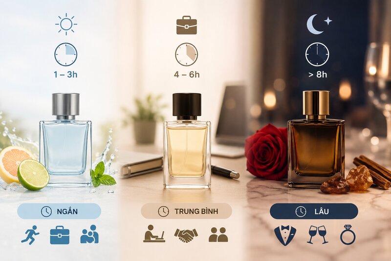 Các cấp độ lưu hương phổ biến của nước hoa Các cấp độ lưu hương phổ biến của nước hoa