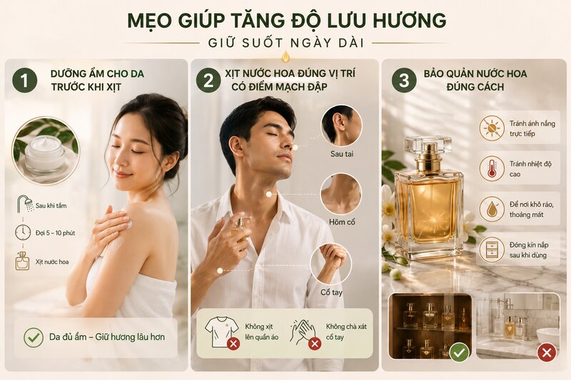 Mẹo giúp tăng độ lưu hương nước hoa giữ suốt ngày dài Mẹo giúp tăng độ lưu hương nước hoa giữ suốt ngày dài
