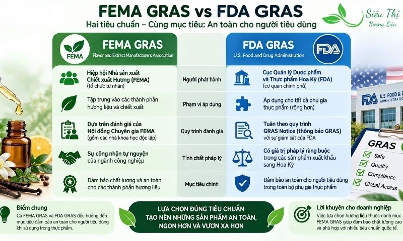Infographic so sánh FEMA GRAS và FDA GRAS Infographic so sánh FEMA GRAS và FDA GRAS trong an toàn hương liệu thực phẩm