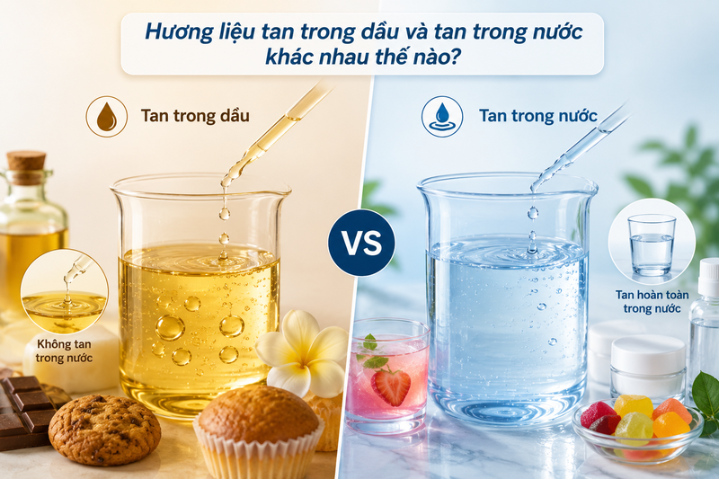 Hương liệu tan trong dầu và tan trong nước khác nhau thế nào? Bảng so sánh hương liệu tan trong dầu và tan trong nước